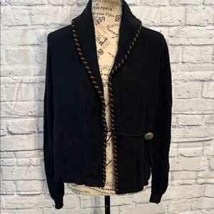 LRL Wrap Cardigan Sweater Linen Blend Concho Button Faux Leather Trim Size XS